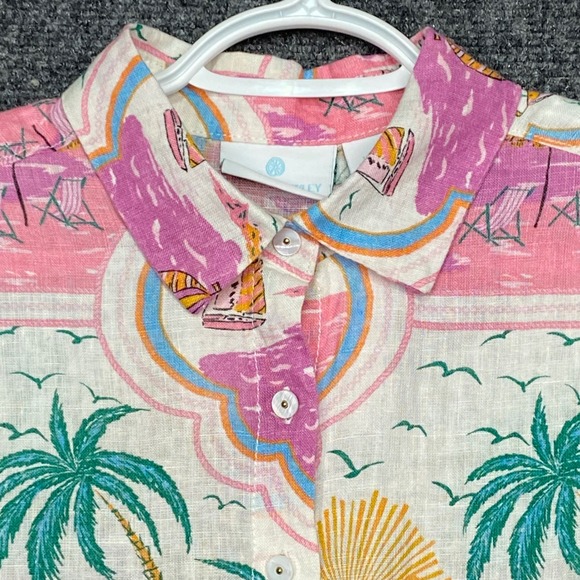 Cynthia Rowley Linen Tropical Island Print Button Down Short Sleeve Crop Top M - Picture 1 of 10
